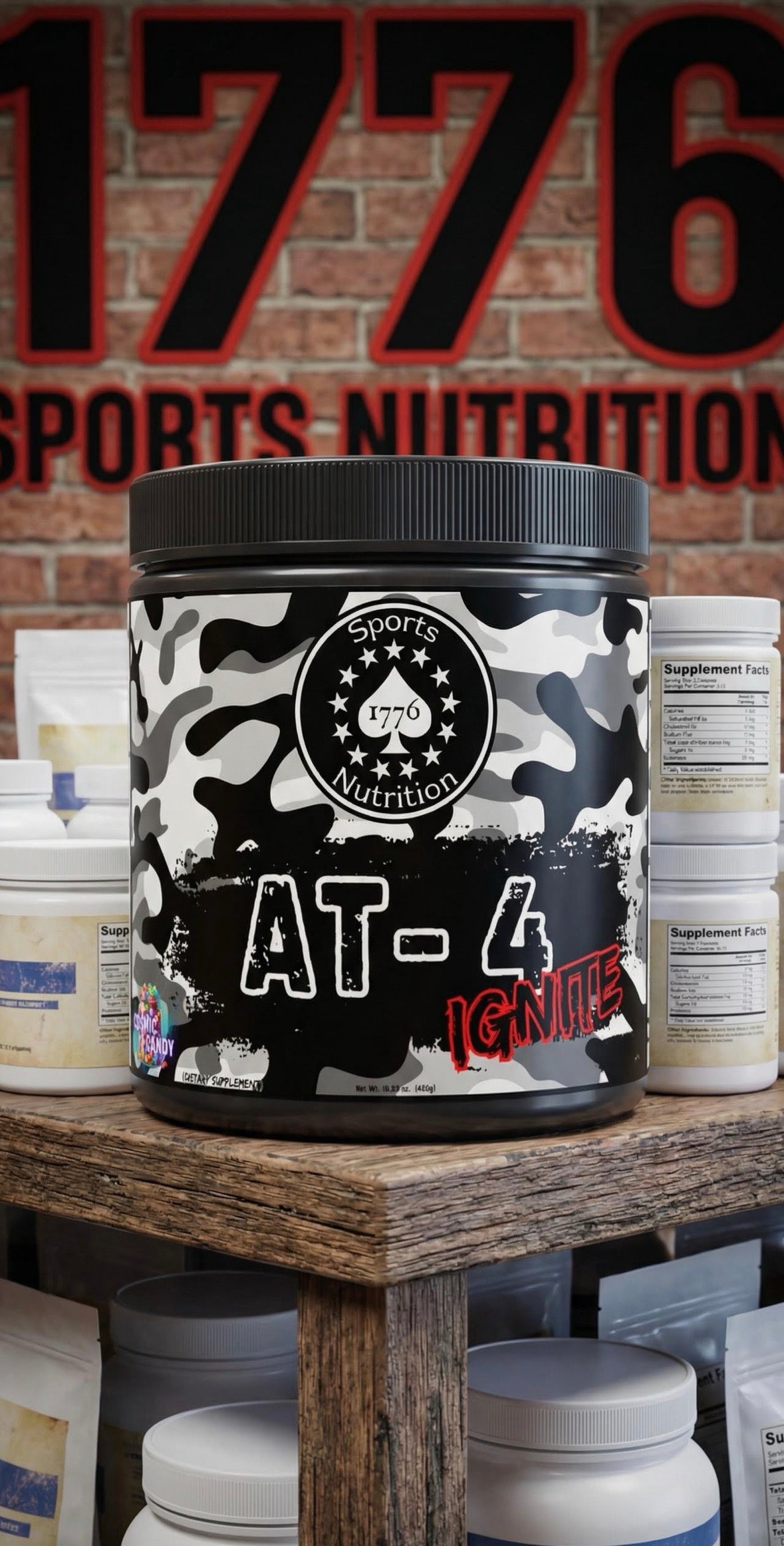 Sports Nutrition container labeled 'AT-4 Ignite' on a wooden shelf with a brick wall background.
